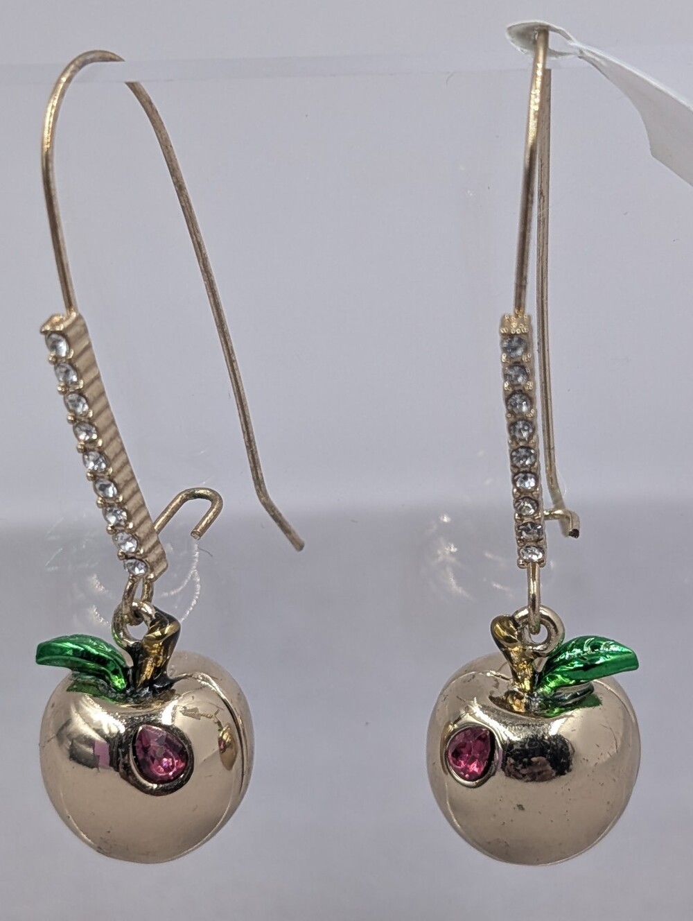 Betsey Johnson Apple Crystal Dangle Earrings Teacher BTS Green Pink Stones M347